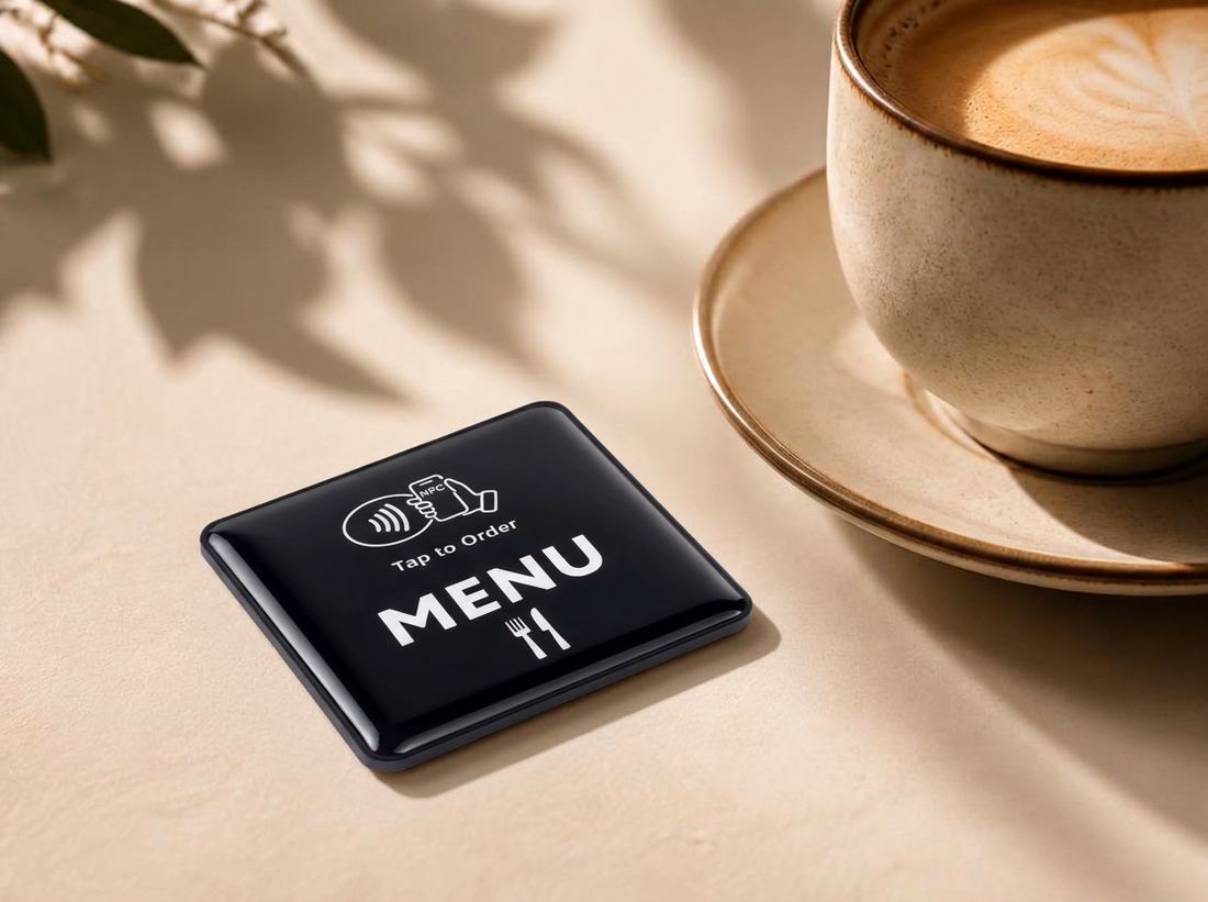 Matte black NFC cafe card with a lime tap symbol beside a coffee cup.
